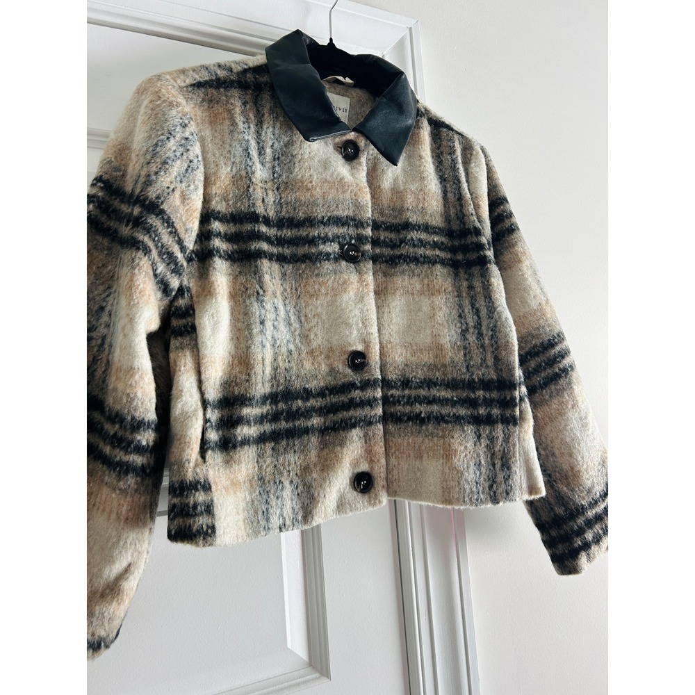 Tuckernuck Moon River Plaid Cropped Jacket Faux Leather Collar Neutral XS NWT